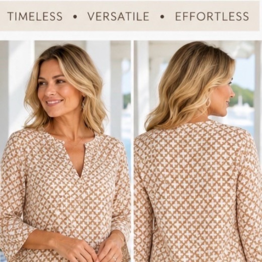 Charleston Shoe Co. Tunic Blouse top L Tan Geometric 3/4 Sleeve Steve Mayer boho